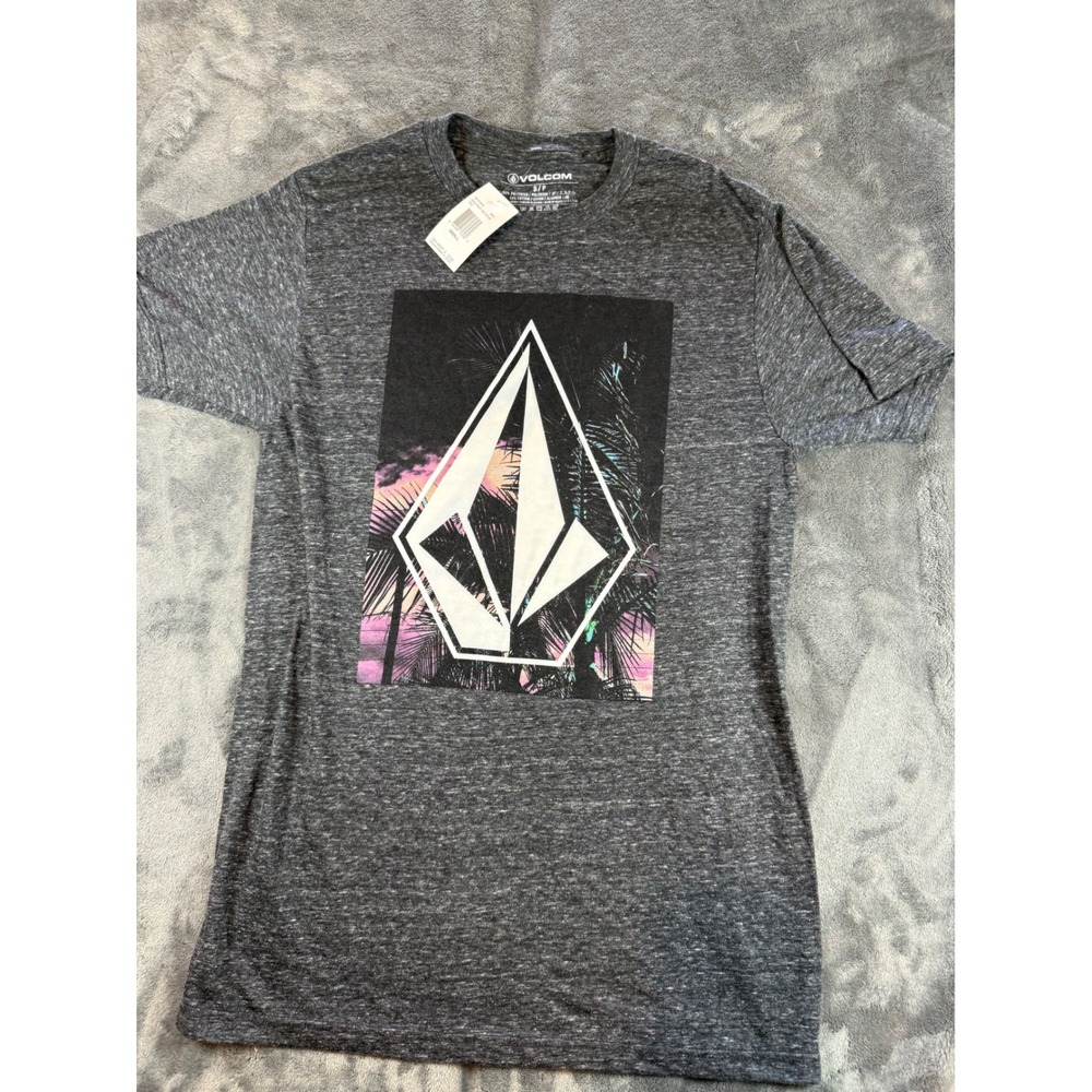 Volcom Mens Small Graphic T-Shirt Short Sleeve Hawaii Palm Tree Logo Dark Grey